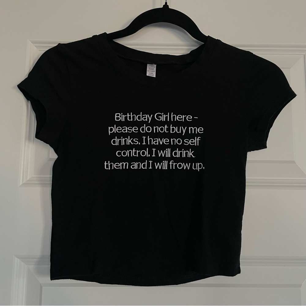 Birthday Girl Embroidered Message Black Soft Stretchy Crop Top Size Small